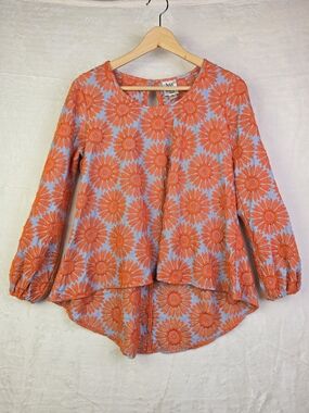 Ivy Jane Women's Blouse Size S Orange Embroidered Sunflower Boho Hi-Low Top